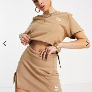 PUMA mini skirt with slit + padded shoulder t-shirt  in tan brown